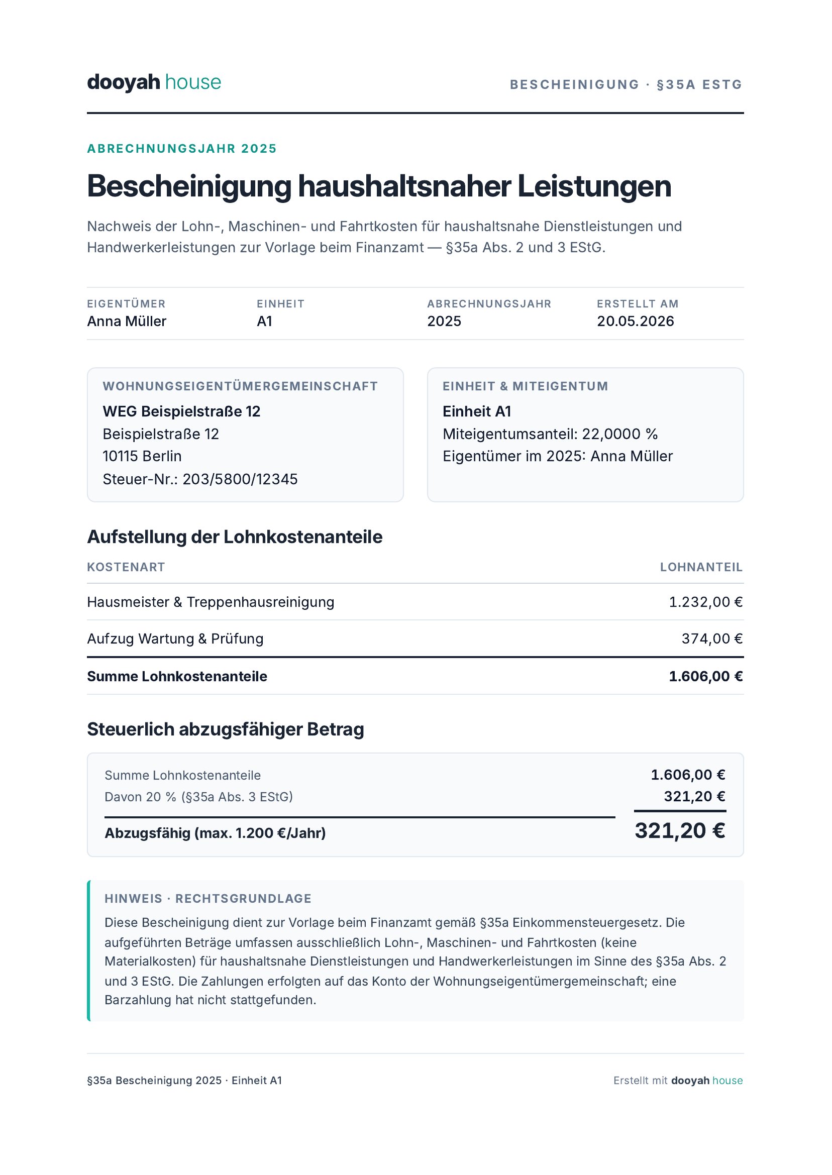 Beispiel: §35a-Bescheinigung aus dooyah house — Klick für Vollansicht