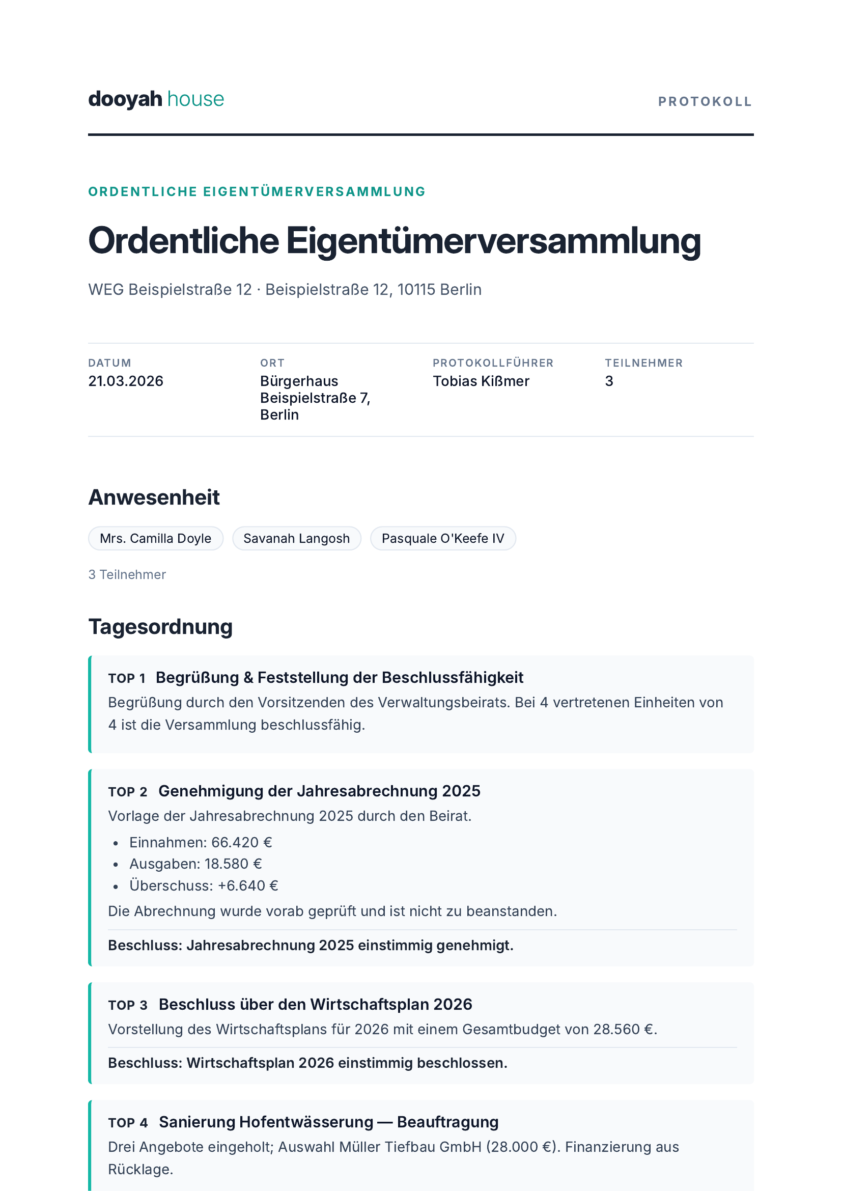 Beispiel: Versammlungs-Protokoll aus dooyah house — Klick für Vollansicht